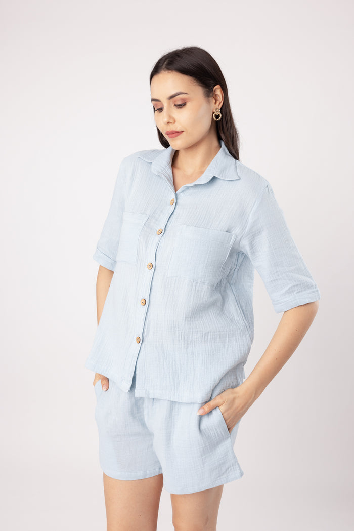Iris Blue Double Cloth Women's Shorts Set