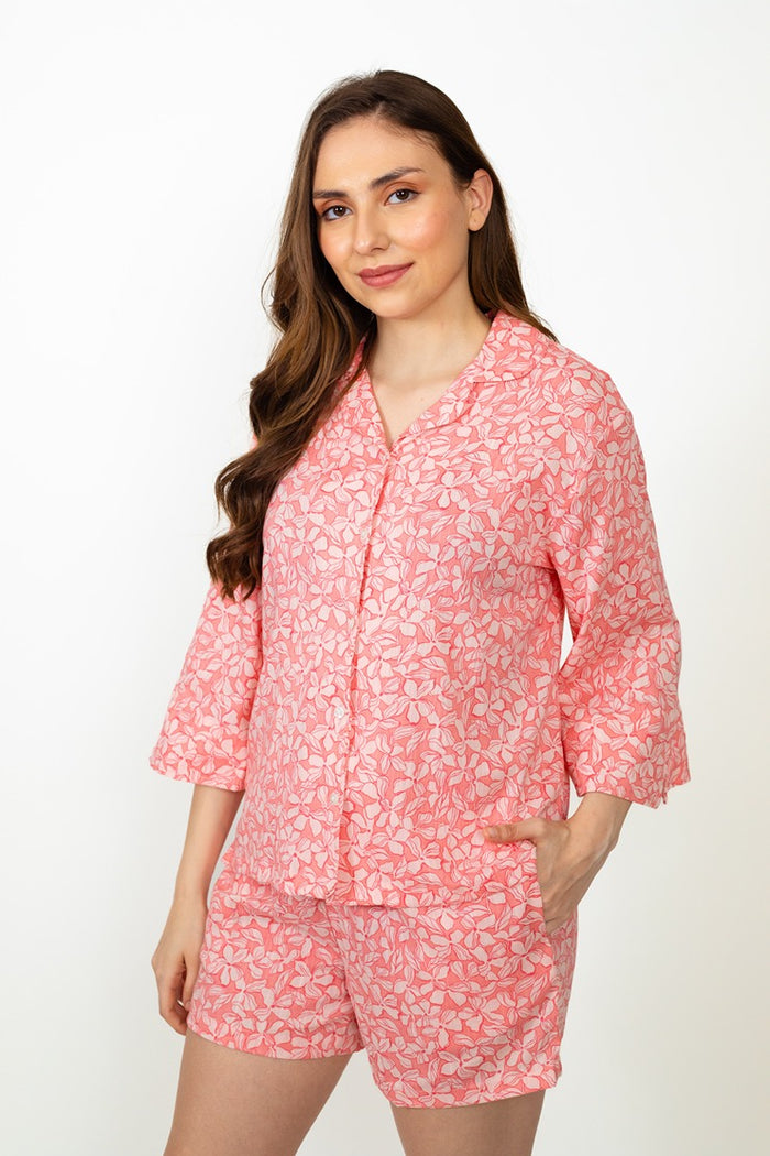 Pink Plush Printed Cotton Women's Shorts Set