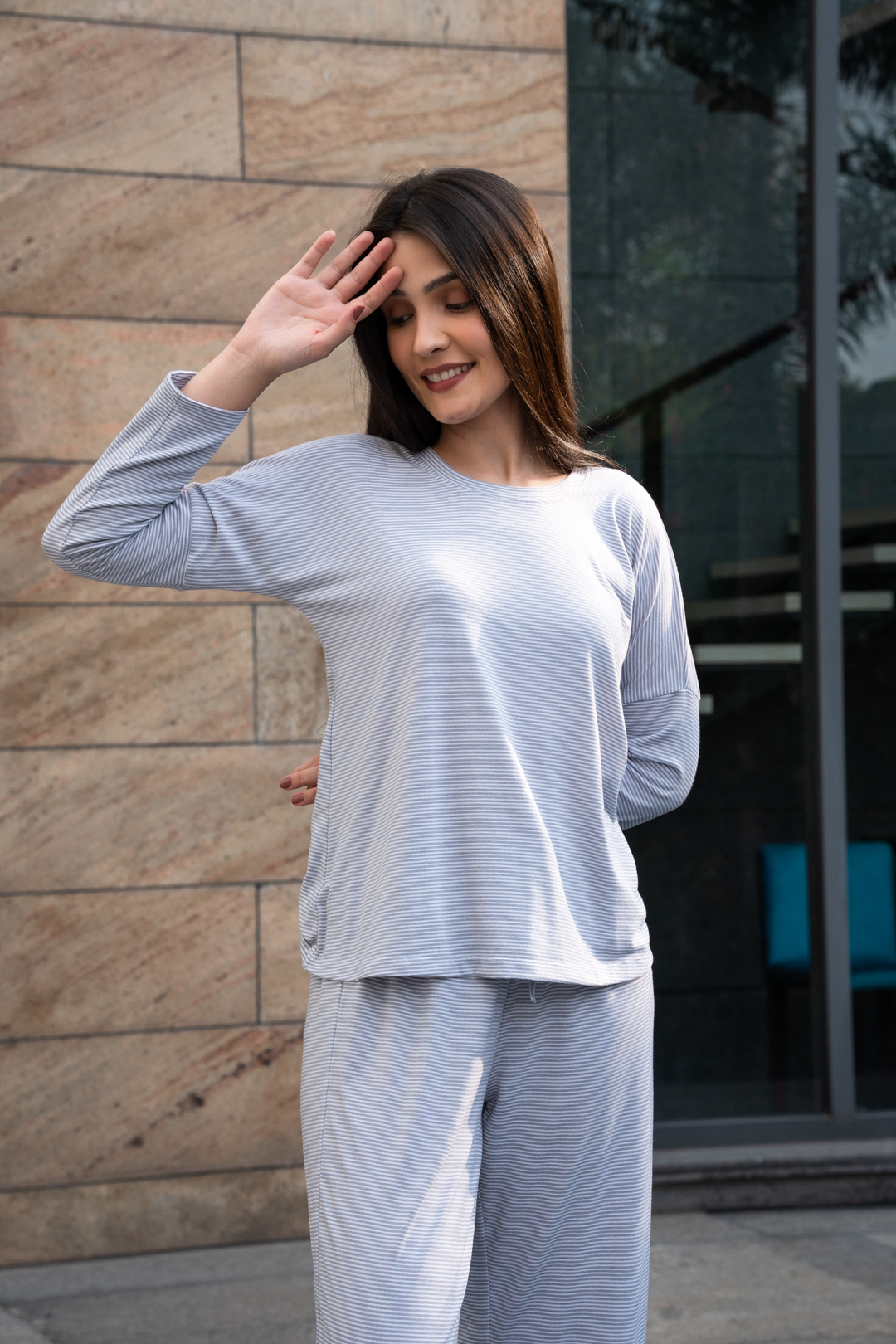 Chloe Grey Stripe Cotton Knitted Women's Pajama Set