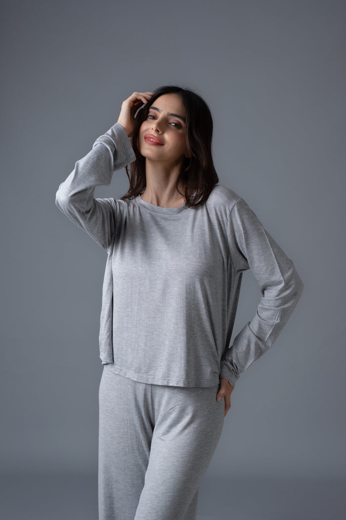 Grey Lucy Butter-Soft Viscose Knit Women's Pajama Set- Full Sleeves