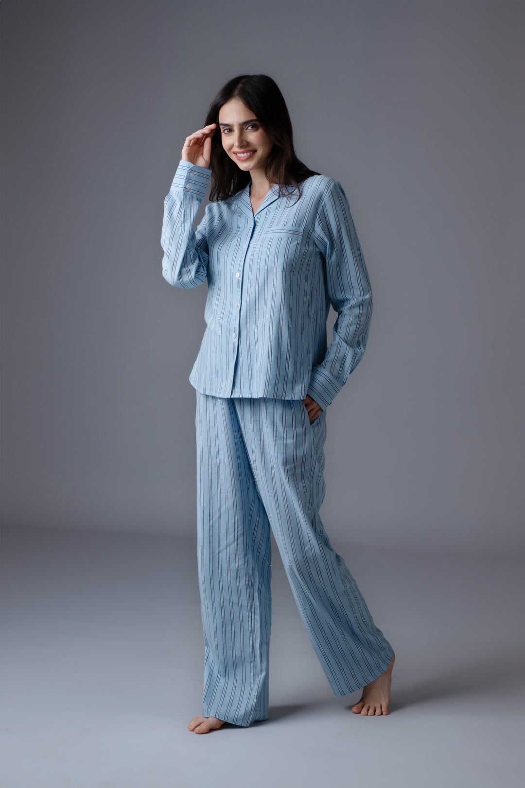 Boyfriend Stripe Cotton Women's Pajama Set - Full Sleeves