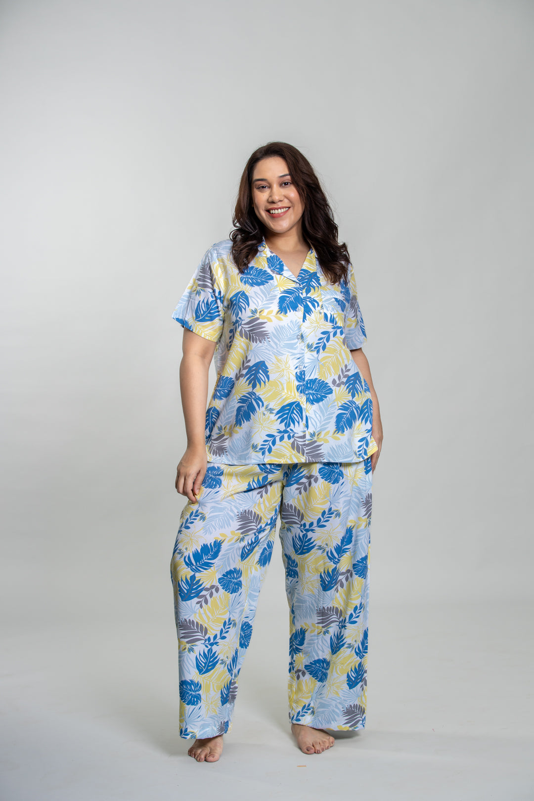 Sunset Island Printed Cotton Blend Women's Curve Pajama Set- Half Sleeves