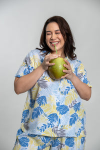 Sunset Island Printed Cotton Blend Women's Curve Pajama Set- Half Sleeves