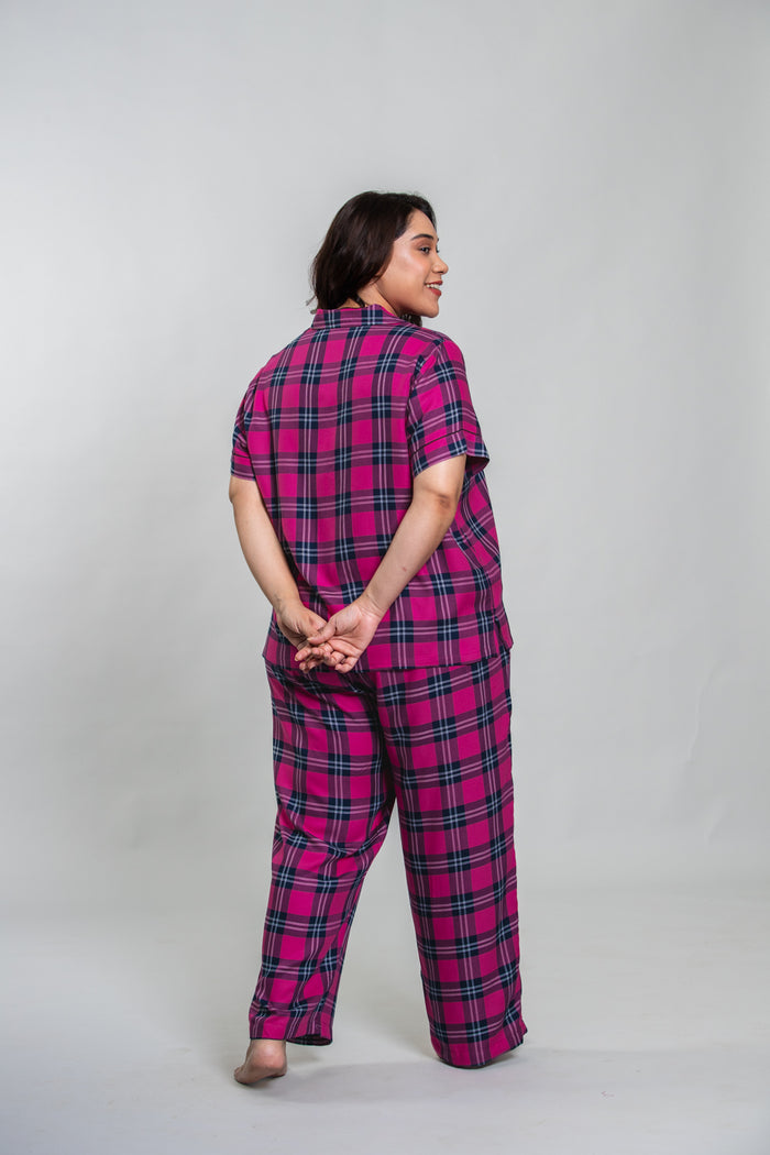 Hot Pink Plaid Cotton Blend Women's Curve Pajama Set- Half Sleeves