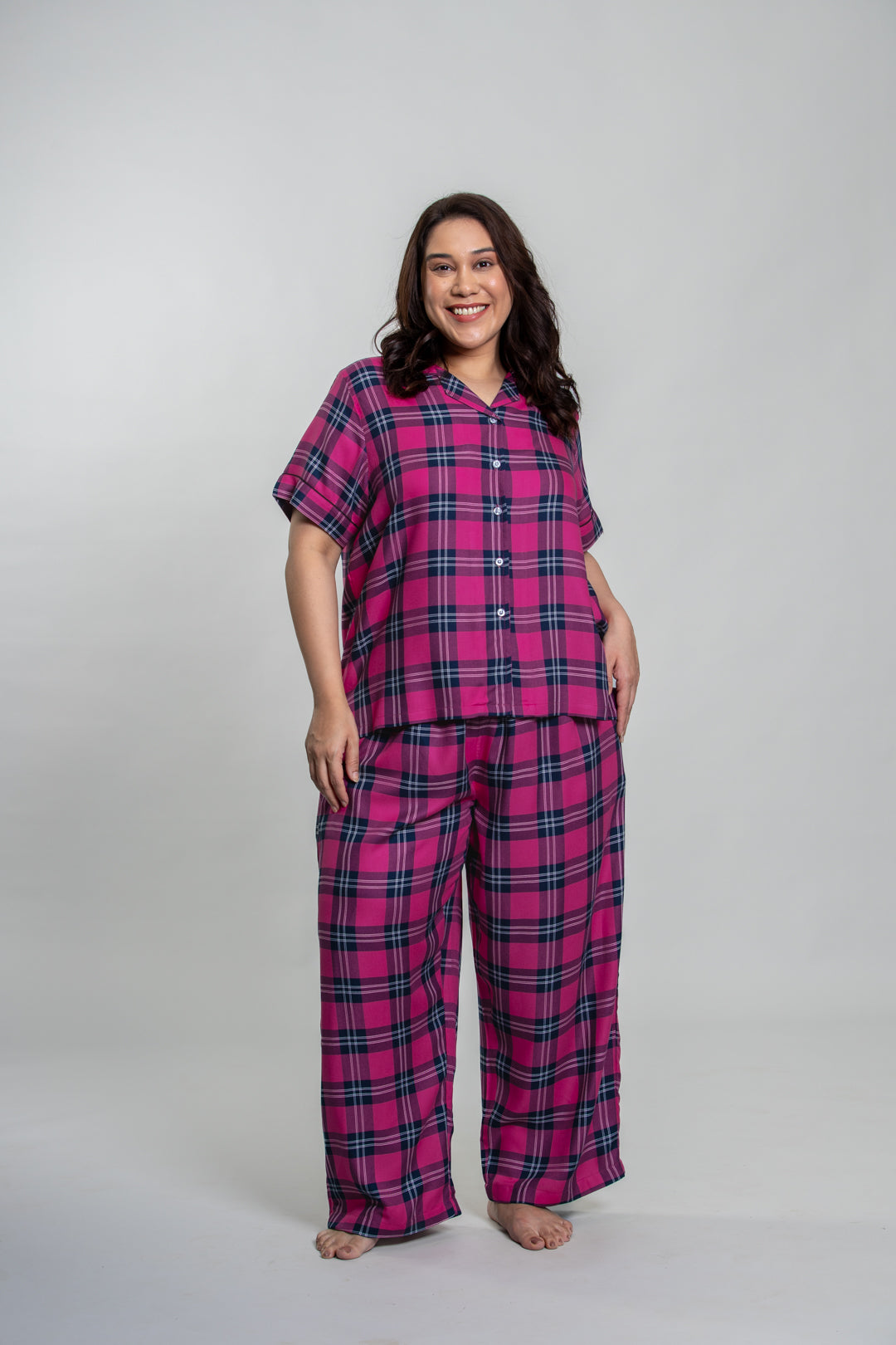 Hot Pink Plaid Cotton Blend Women's Curve Pajama Set- Half Sleeves