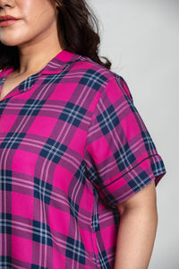 Hot Pink Plaid Cotton Blend Women's Curve Pajama Set- Half Sleeves