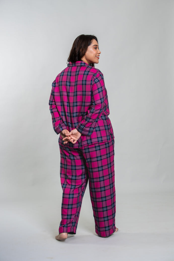 Hot Pink Plaid Cotton Blend Women's Curve Pajama Set- Full Sleeves