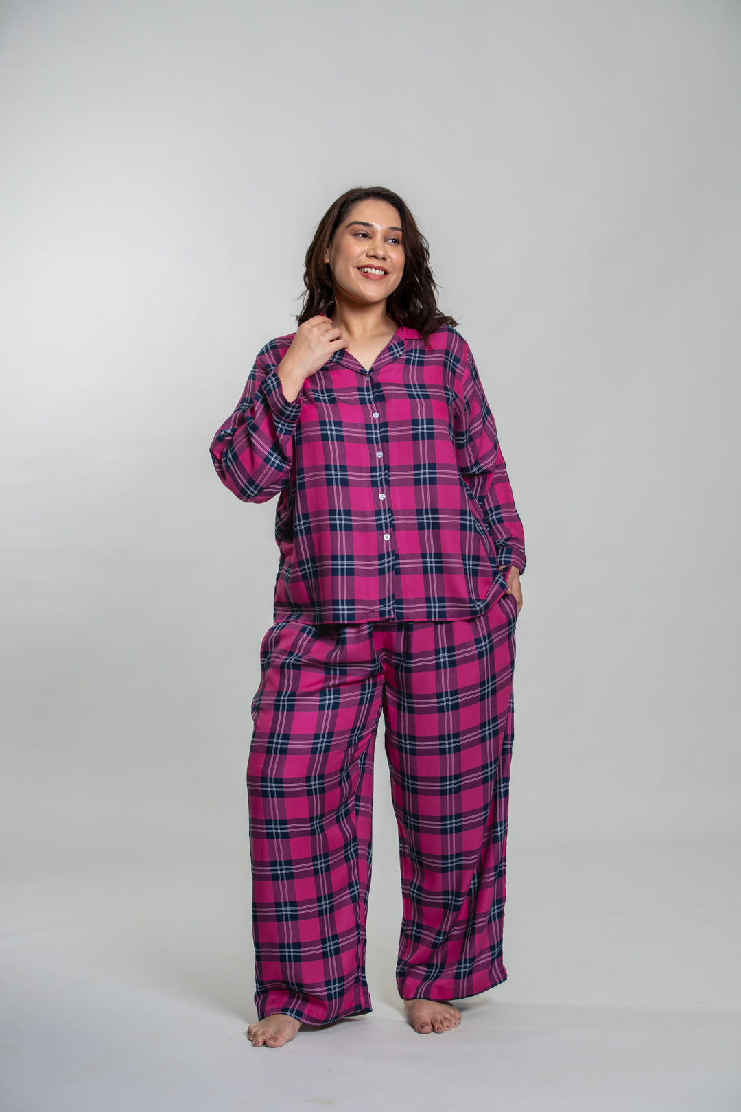 Hot Pink Plaid Cotton Blend Women's Curve Pajama Set- Full Sleeves