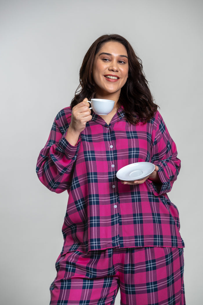 Hot Pink Plaid Cotton Blend Women's Curve Pajama Set- Full Sleeves