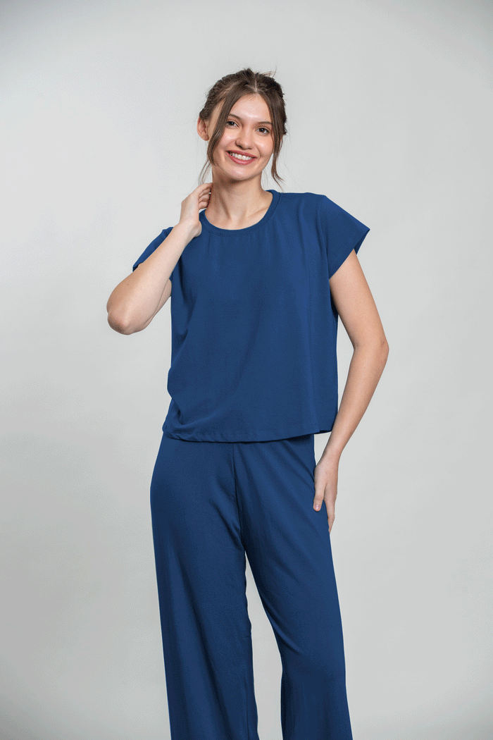 Ink Blue Butter-Soft Cotton Knit Top - Half Sleeves