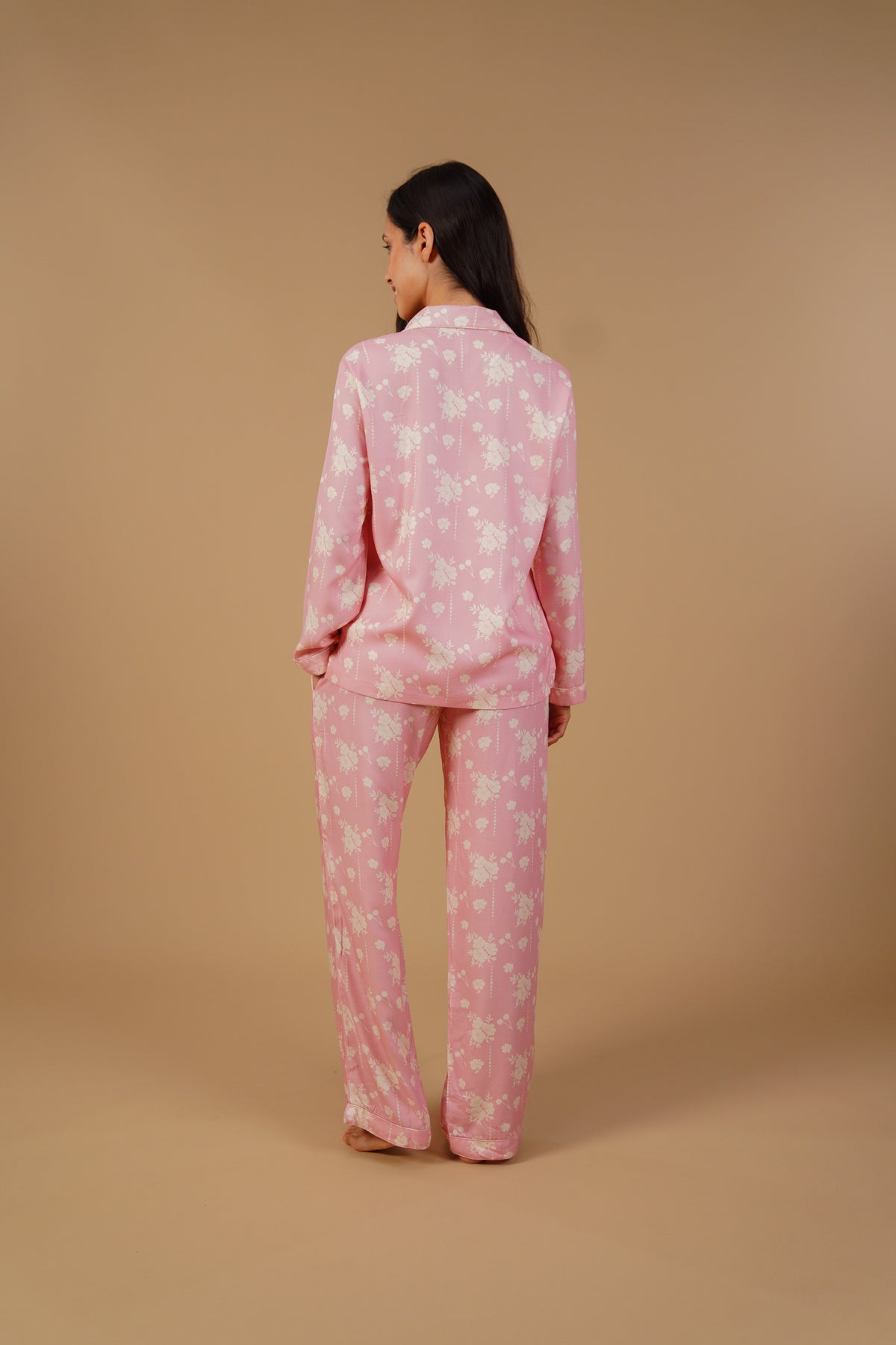 Pink Blossom Floral Printed Viscose Twill Women's Pajama Set - Full Sleeves
