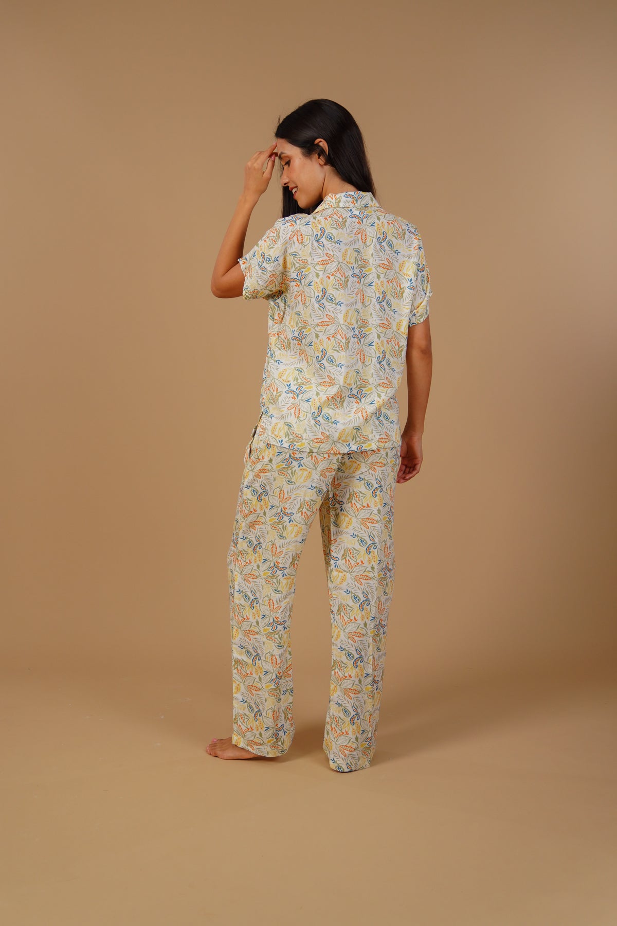 Autumn Garden Printed Cotton Blend Women's Pajama Set- Half Sleeves