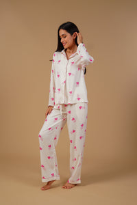 Amy Heart Printed Viscose Twill Women's Pajama Set - Full Sleeves