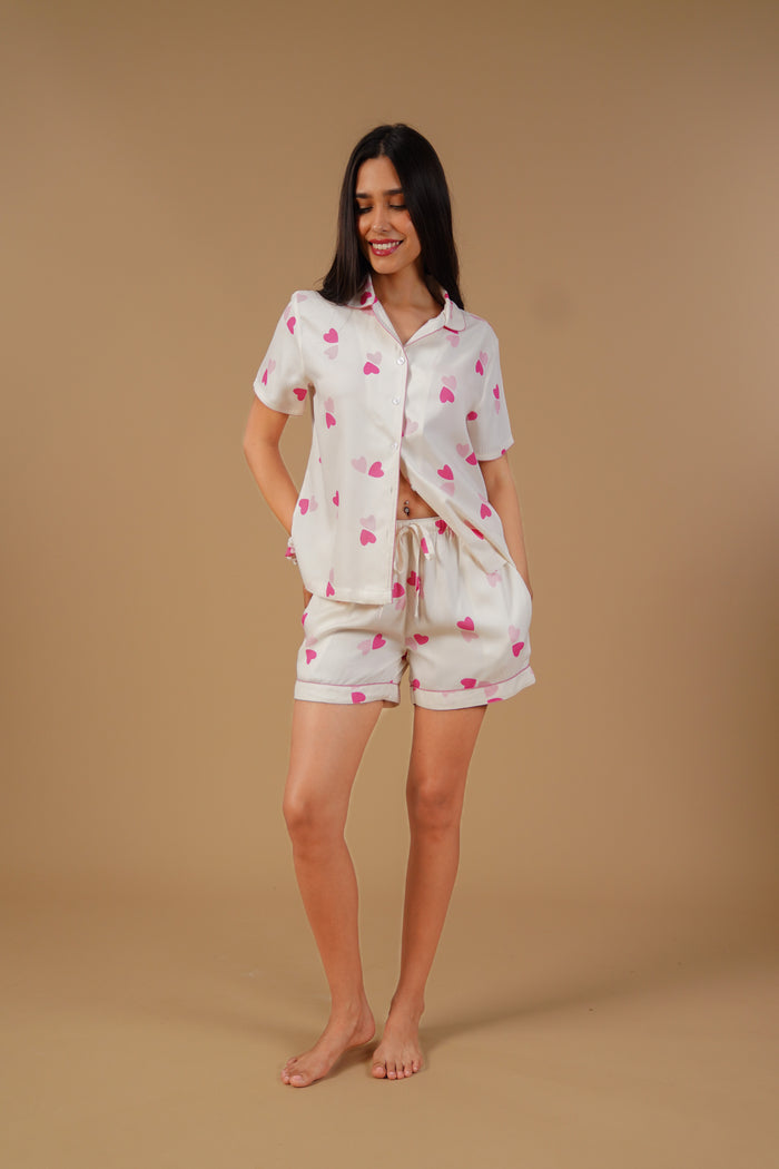 Amy Heart Printed Viscose Twill Women's Shorts Set - Half Sleeves