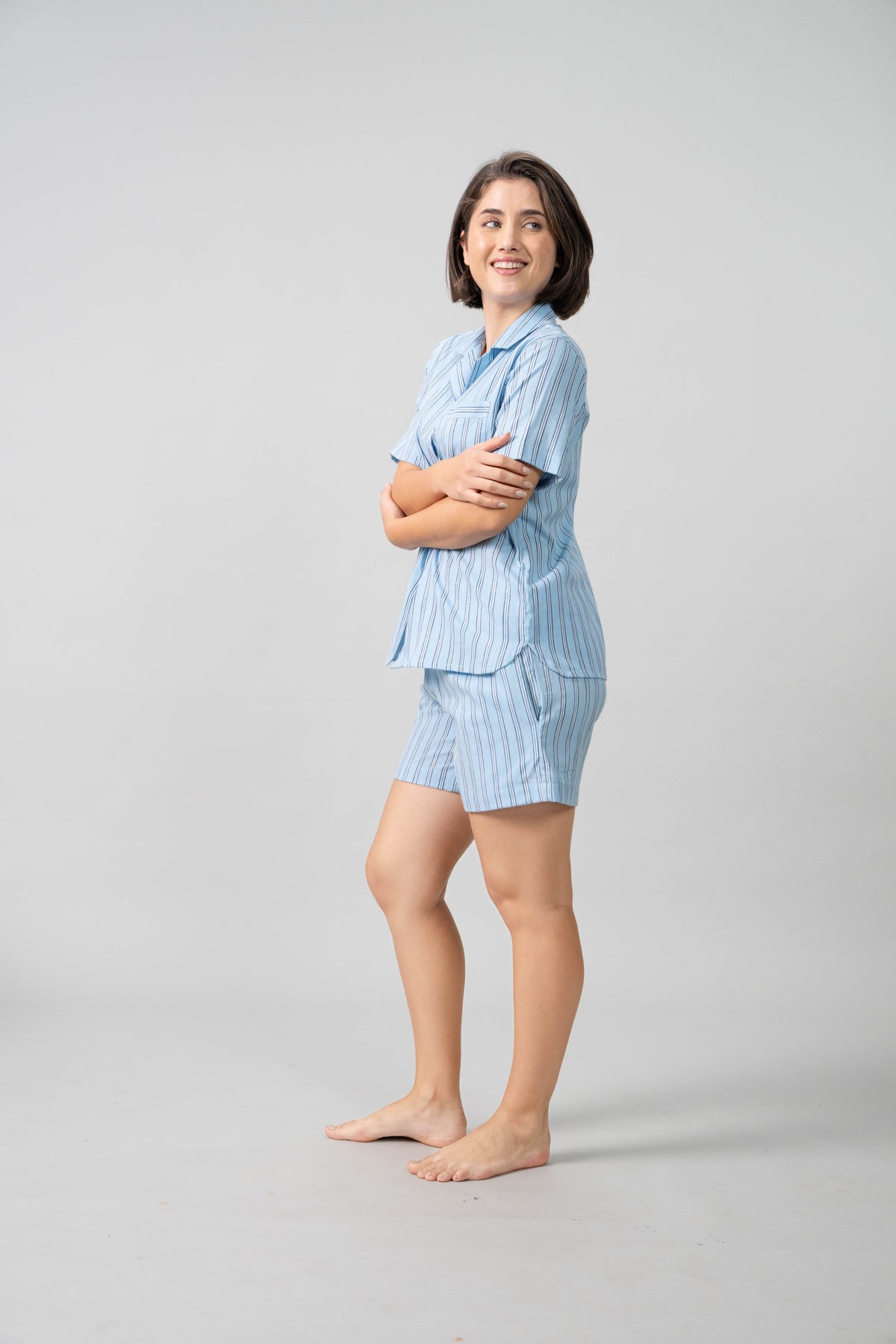 Boyfriend Stripe Cotton Women's Shorts Set- Half Sleeves