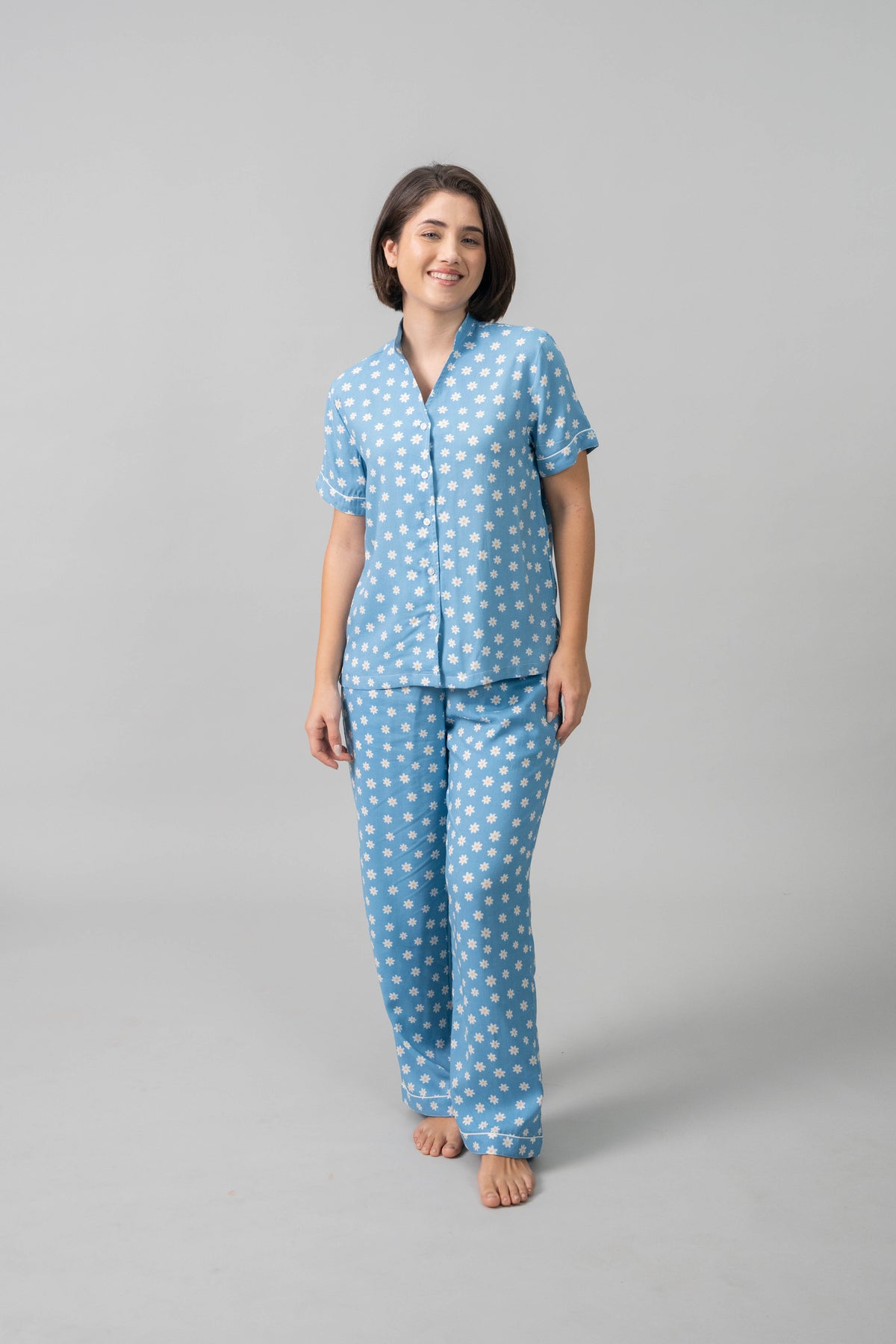 Isabella Blue Floral Cotton Blend Women's Pajama Set- Half Sleeves