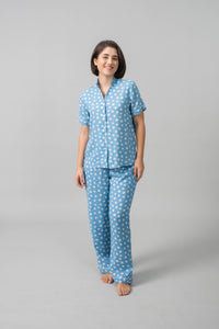 Isabella Blue Floral Cotton Blend Women's Pajama Set- Half Sleeves