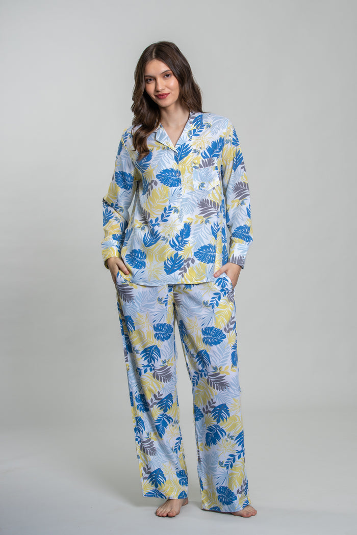 Sunset Island Printed Cotton Blend Women's Pajama Set- Full Sleeves
