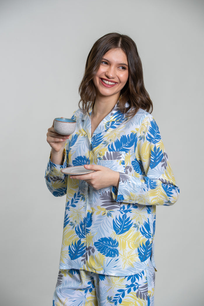 Sunset Island Printed Cotton Blend Women's Pajama Set- Full Sleeves