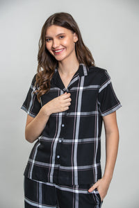 Clara Black Check Cotton Blend Women's Pajama Set- Half Sleeves