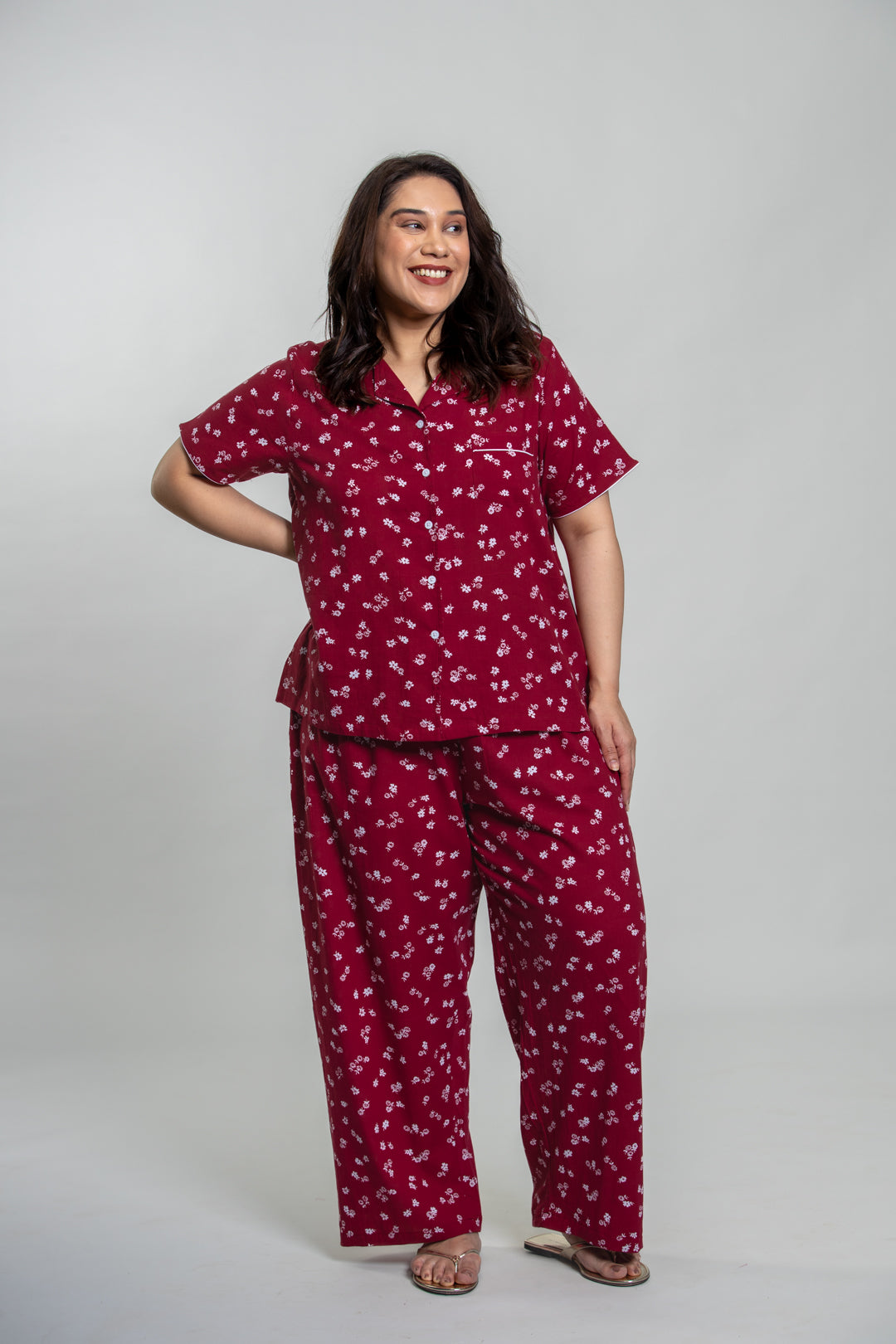 Daphne Ditsy Printed Cotton Blend Women's Curve Pajama Set- Half Sleeves