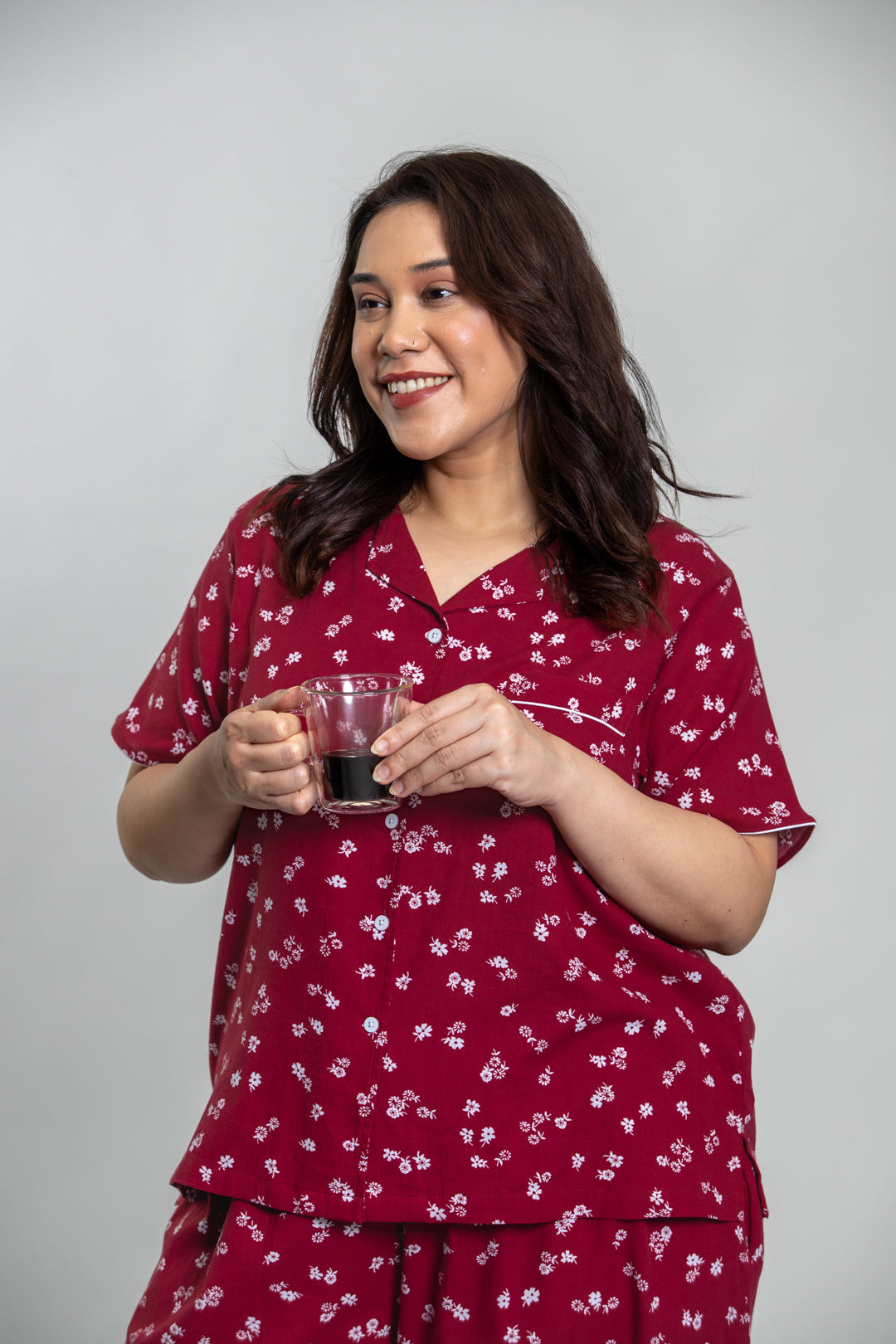 Daphne Ditsy Printed Cotton Blend Women's Curve Pajama Set- Half Sleeves
