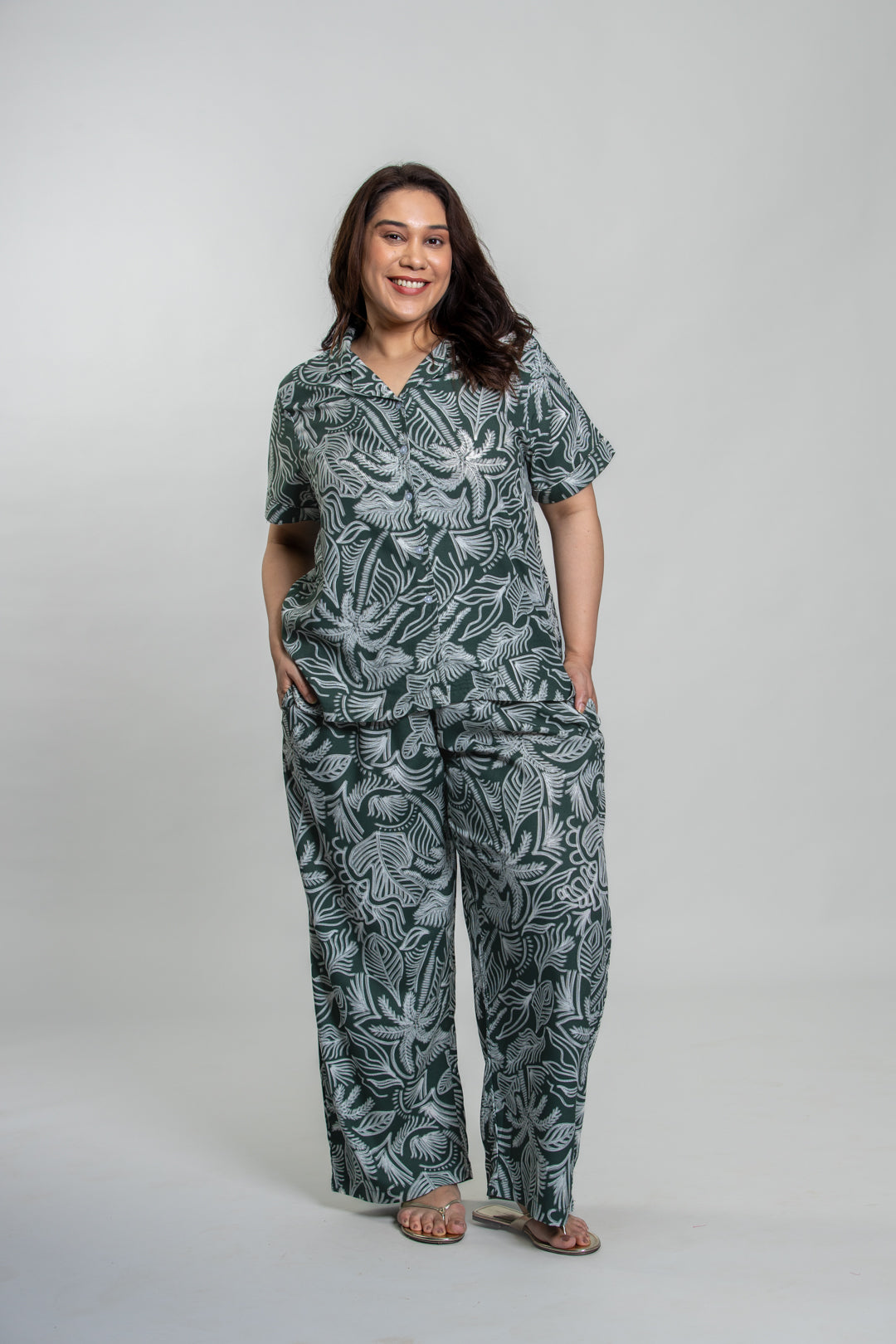 Eden Green Printed Cotton Blend Women's Curve Pajama Set- Half Sleeves