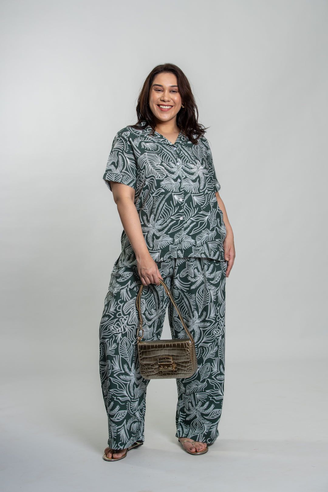 Eden Green Printed Cotton Blend Women's Curve Pajama Set- Half Sleeves