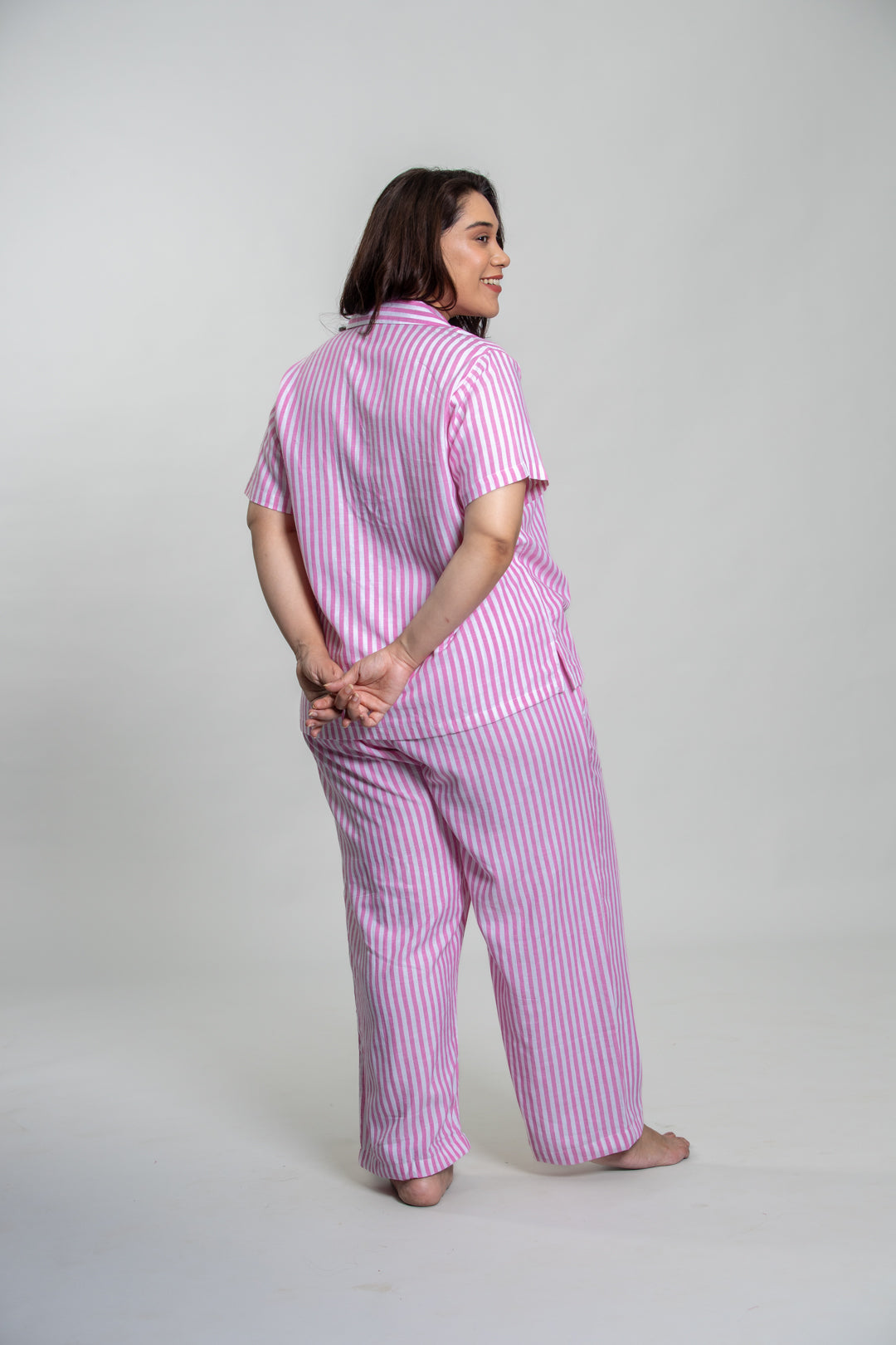 Mila Pink Stripe Cotton Women's Curve Pajama Set - Half Sleeves