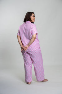 Mila Pink Stripe Cotton Women's Curve Pajama Set - Half Sleeves