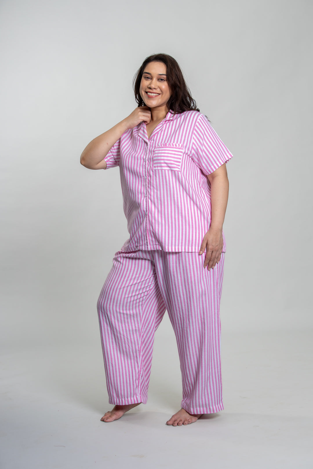 Mila Pink Stripe Cotton Women's Curve Pajama Set - Half Sleeves