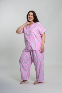 Mila Pink Stripe Cotton Women's Curve Pajama Set - Half Sleeves