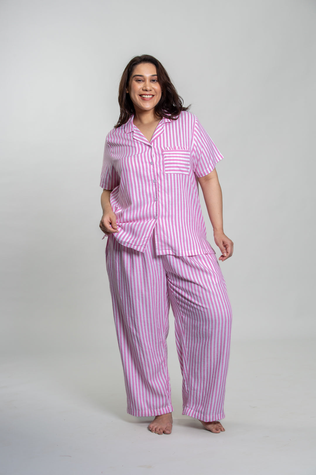 Mila Pink Stripe Cotton Women's Curve Pajama Set - Half Sleeves