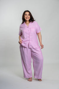 Mila Pink Stripe Cotton Women's Curve Pajama Set - Half Sleeves