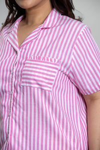 Mila Pink Stripe Cotton Women's Curve Pajama Set - Half Sleeves