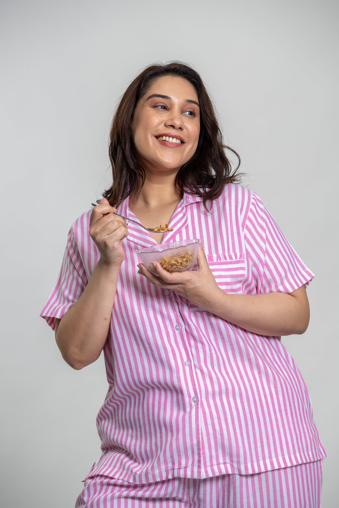 Mila Pink Stripe Cotton Women's Curve Pajama Set - Half Sleeves