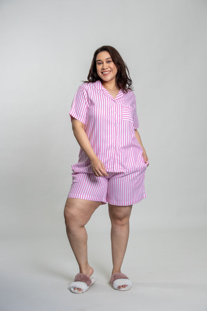 Mila Pink Stripe Cotton Women's Curve Shorts Set