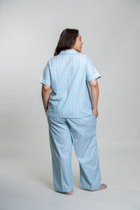 Tiffany Blue Twill Stripe Cotton Women's Curve Pajama Set- Half Sleeves