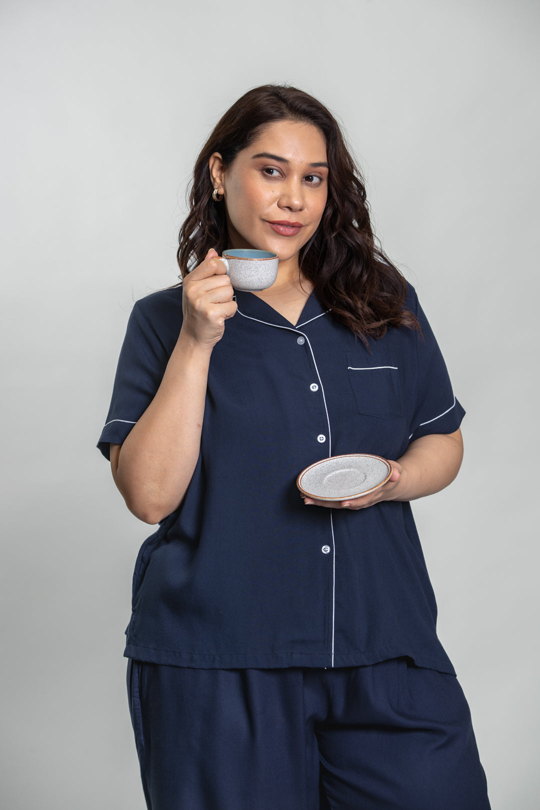 Midnight Navy Emily Soft Cotton Women's Curve Pajama Set - Half Sleeves