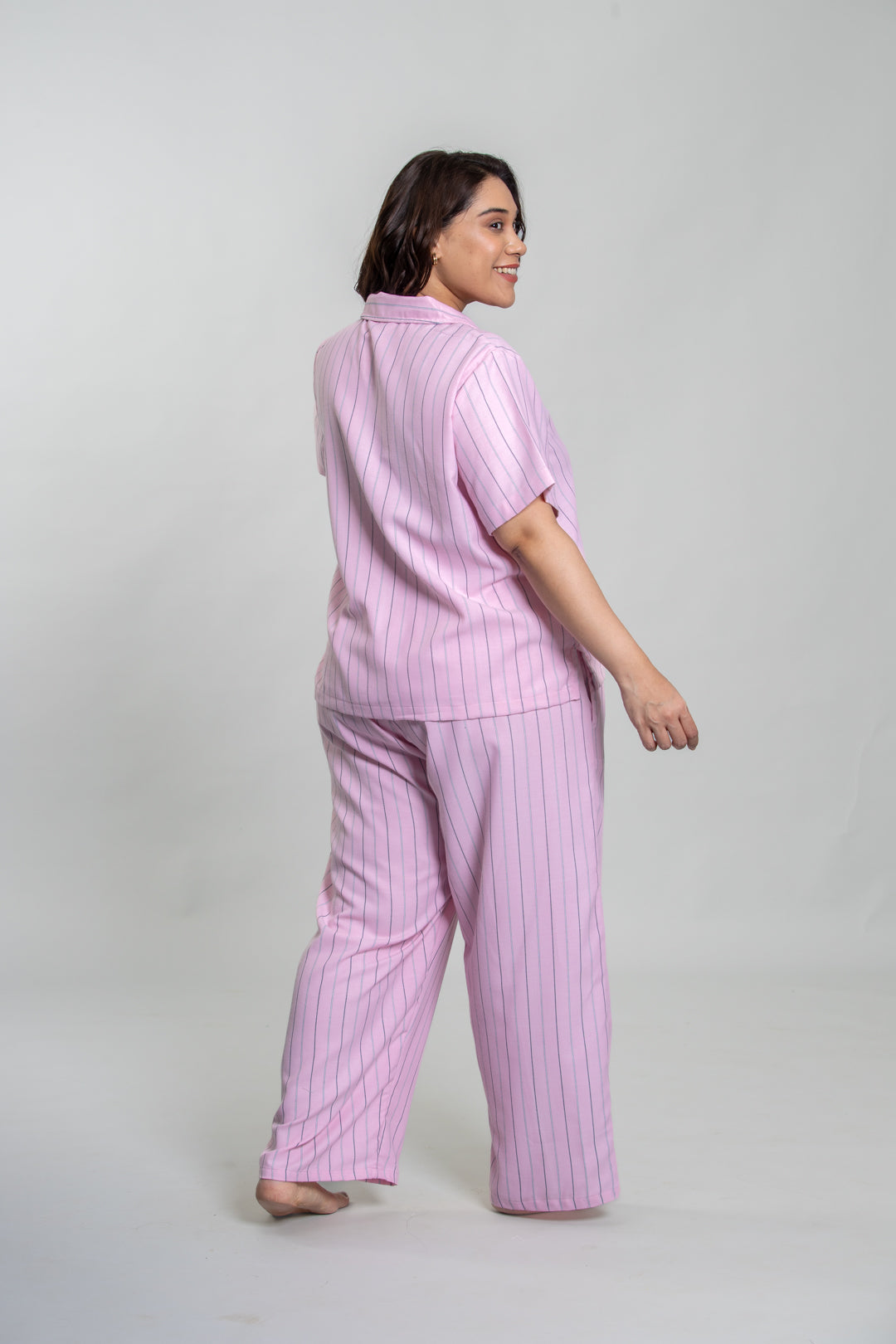 Pink Twill Stripe Cotton Women's Curve Pajama Set- Half Sleeves