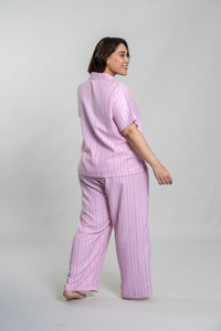 Pink Twill Stripe Cotton Women's Curve Pajama Set- Half Sleeves