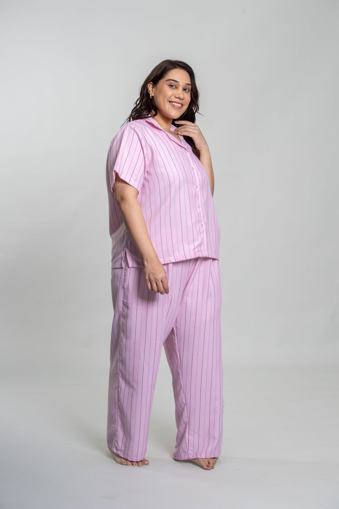 Pink Twill Stripe Cotton Women's Curve Pajama Set- Half Sleeves