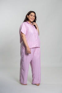 Pink Twill Stripe Cotton Women's Curve Pajama Set- Half Sleeves