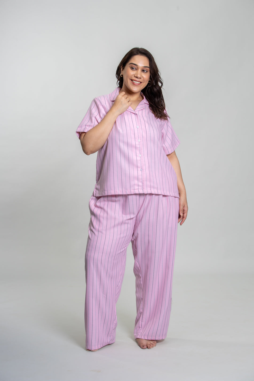 Pink Twill Stripe Cotton Women's Curve Pajama Set- Half Sleeves