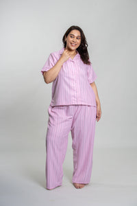 Pink Twill Stripe Cotton Women's Curve Pajama Set- Half Sleeves