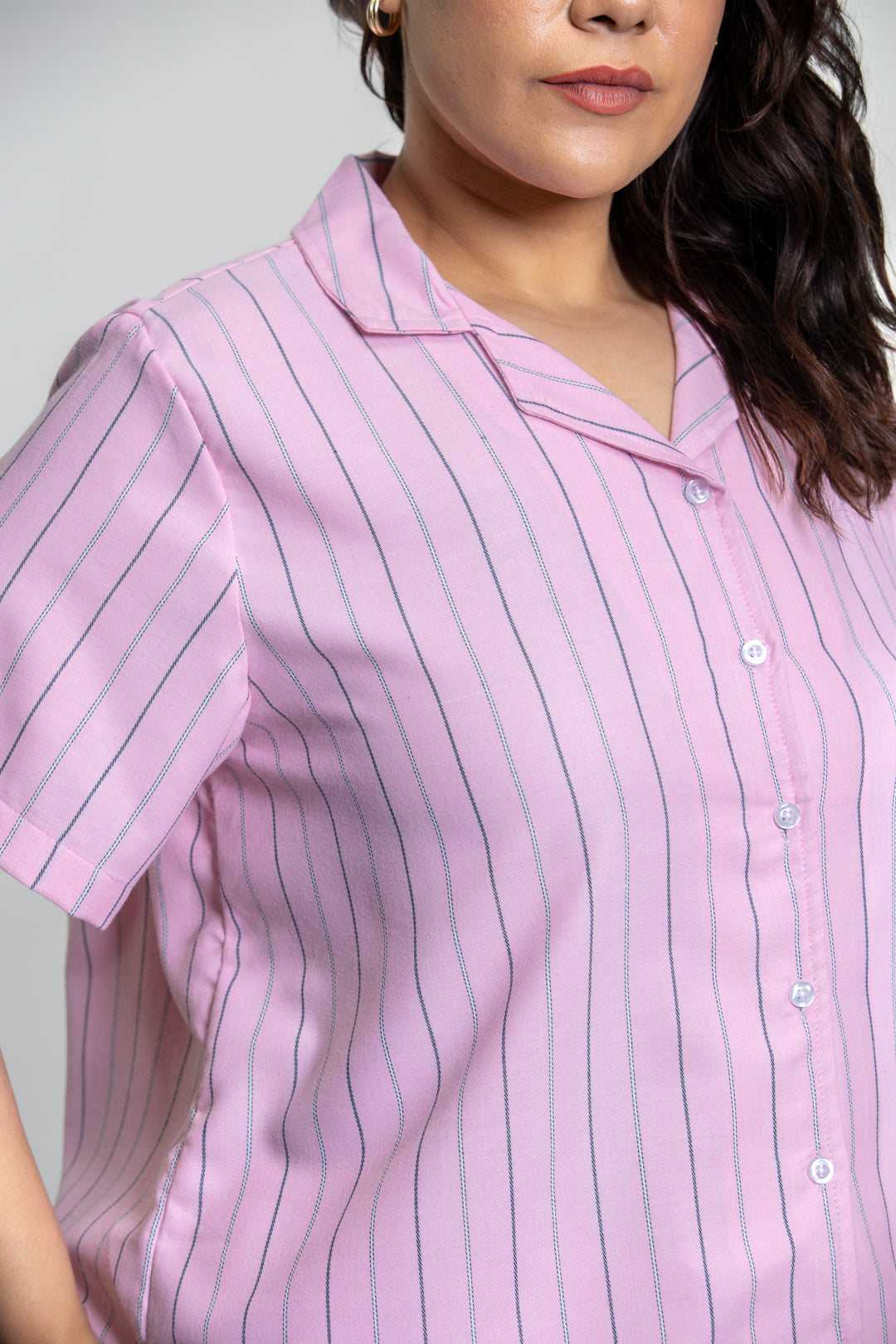 Pink Twill Stripe Cotton Women's Curve Pajama Set- Half Sleeves