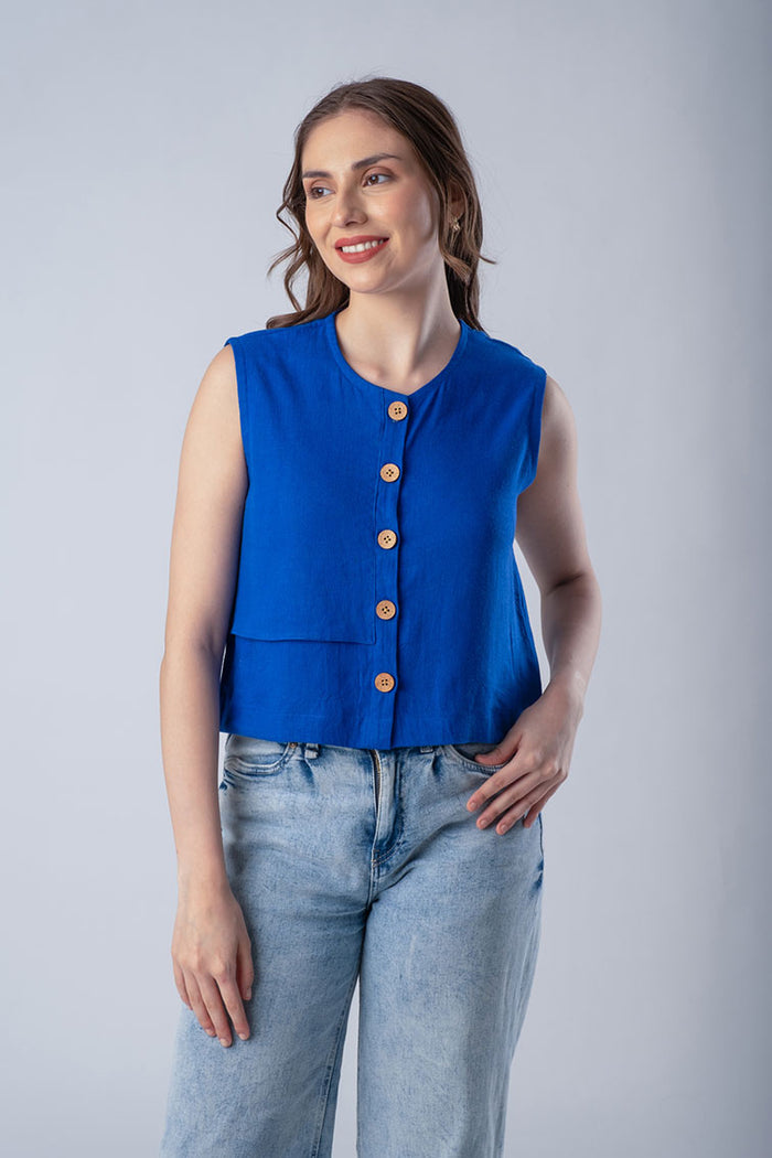 Tiffany Edge Blue Linen Women's Lounge Top