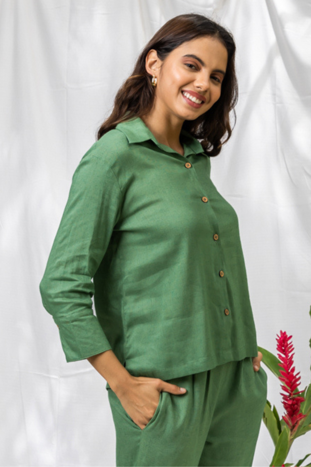 Masai Classic Green Linen Women's Lounge Shirt