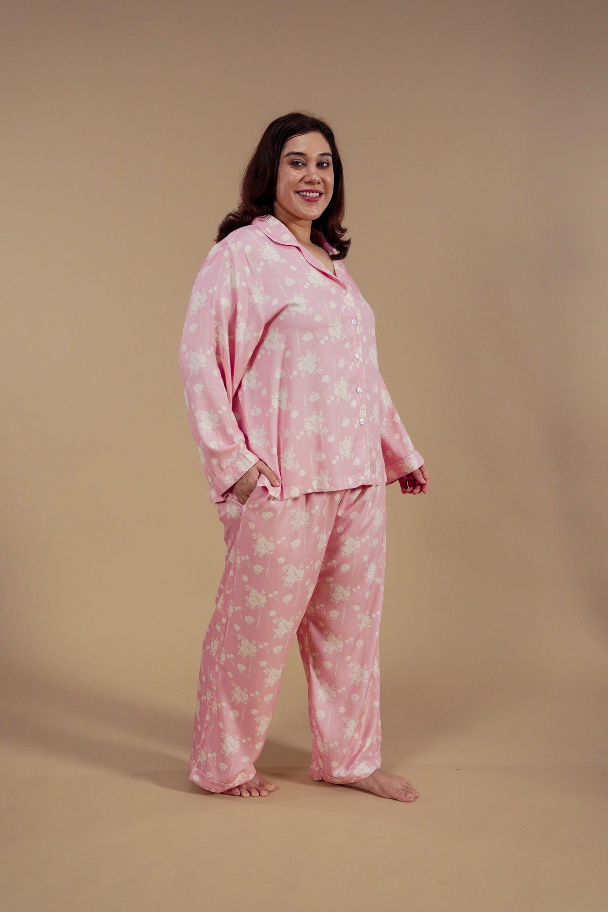 Pink Blossom Floral Printed Viscose Twill Women's Curve Pajama Set - Full Sleeves