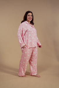 Pink Blossom Floral Printed Viscose Twill Women's Curve Pajama Set - Full Sleeves